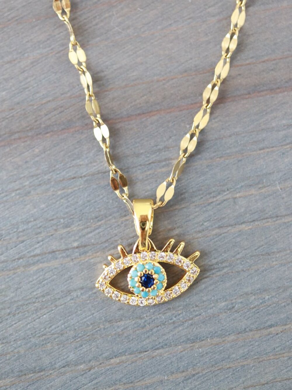 Evil Eye Blue/Turquoise Eyelash Style with CZ Diamond Pendant Necklace Stainles